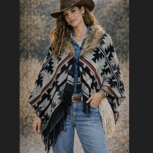 Coffee Shop One Size Aztec Fringe Wrap Cardigan Faux Fur Collar Red Gray Black